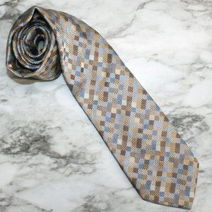 VALERIO GARATI Neck Tie Classic Patchwork Squares Neutral Tan Blue Silk Necktie